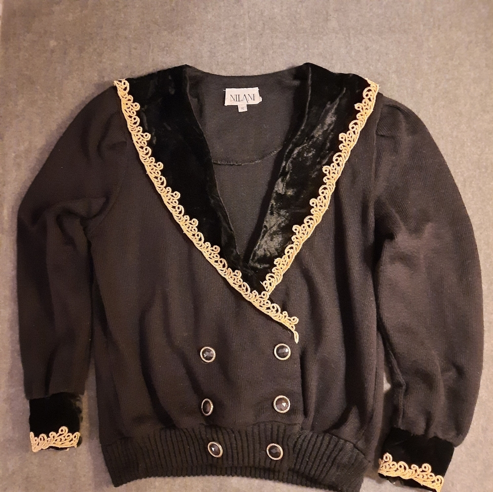 Nilani Ladies black w gold cardigan double breasted Sweater - small - Vintage
